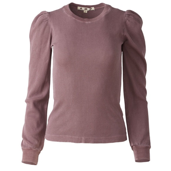 AMO Tops - AMO Purple / Brown Puff Sleeve Ribbed Blouse